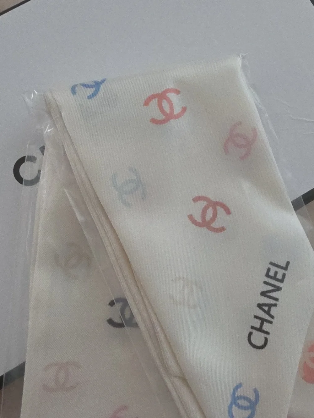 CHANEL Cream Silk Scarf with Pastel Pink, Blue and Peach CC Logos